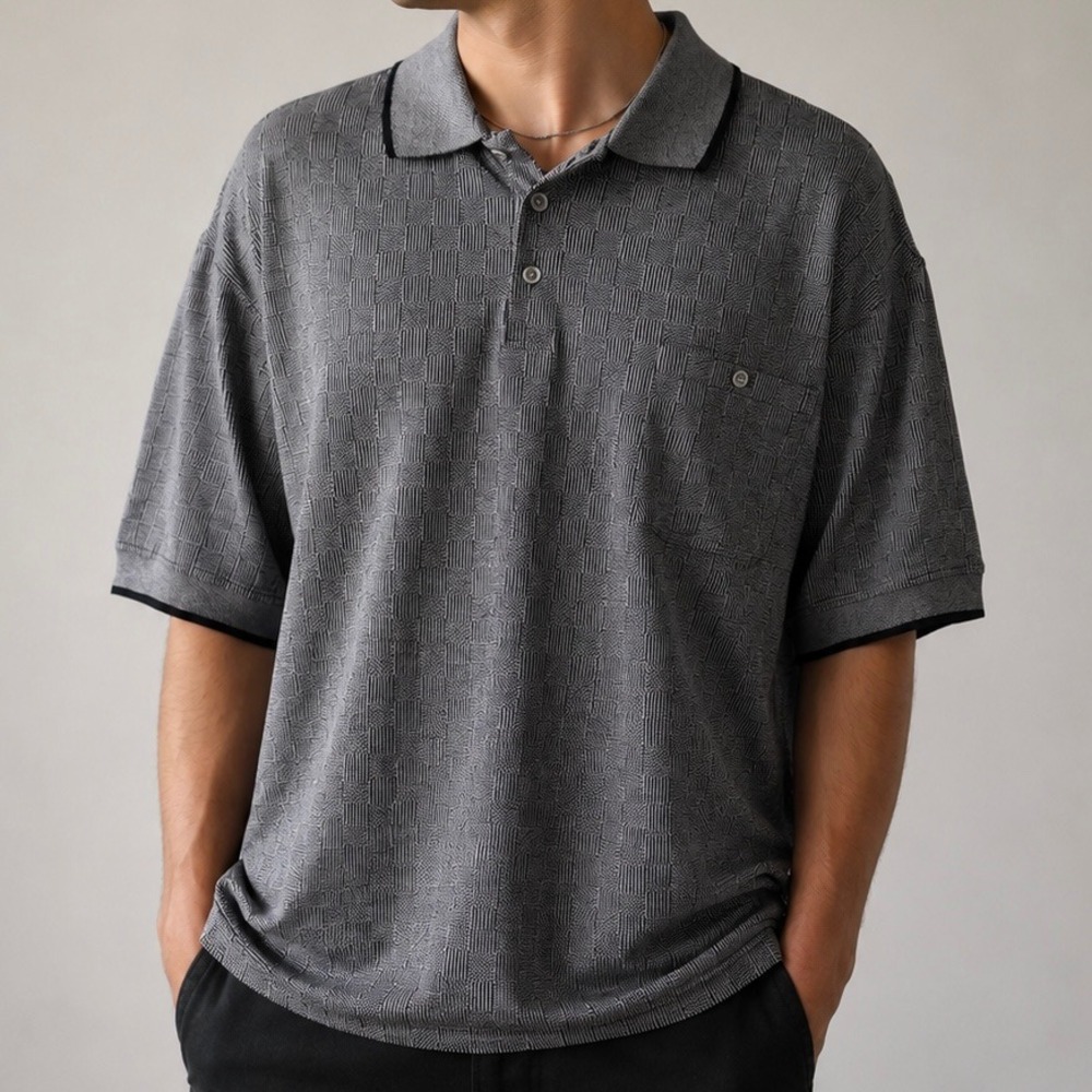 Marquis Men's Textured Knit Polo Shirt XXL Black White Geometric Checker Pattern
